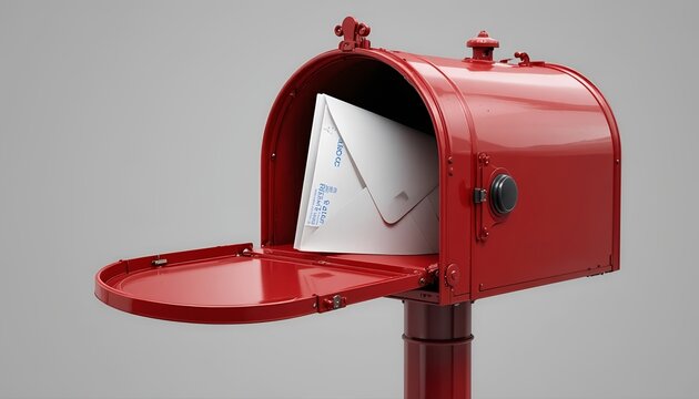 Vintage red metal mailbox with open door and white envelope inside, realistic postal box design with glossy finish, isolated on textured background, classic mail delivery concept