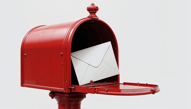 Vintage red metal mailbox with open door and white envelope inside, realistic postal box design with glossy finish, isolated on textured background, classic mail delivery concept