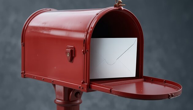 Vintage red metal mailbox with open door and white envelope inside, realistic postal box design with glossy finish, isolated on textured background, classic mail delivery concept