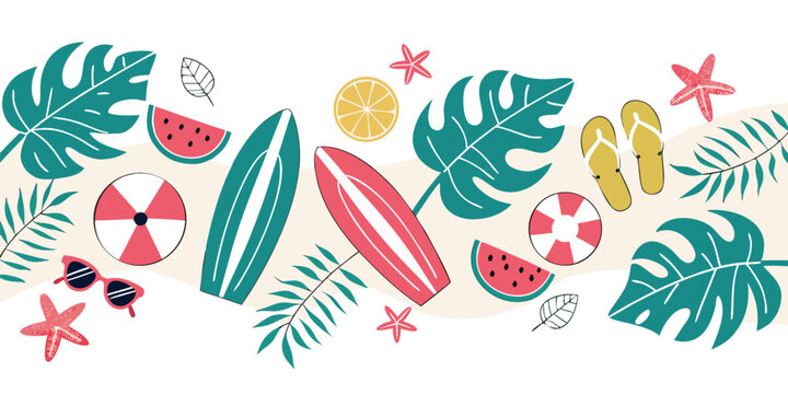 Summer beach abstract background with surfboards, flip-flops, and tropical leaves