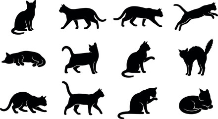 Black cat silhouette collection featuring playful feline poses including walking jumping sitting and sleeping isolated on light background vector set  Keywords: © MstSapla