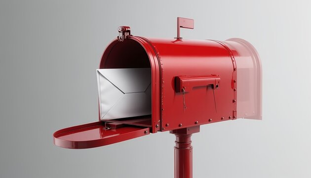 Vintage red metal mailbox with open door and white envelope inside, realistic postal box design with glossy finish, isolated on textured background, classic mail delivery concept