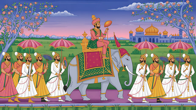 Indian mughal miniature painting depicting a maharaja procession with elephants and attendants
