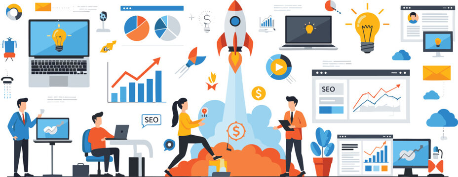 Business Startup Launch and SEO Optimization Vector Illustration Featuring a Rocket Takeoff, Marketing Growth Analytics Dashboards, and Team Brainstorming New Creative Ideas