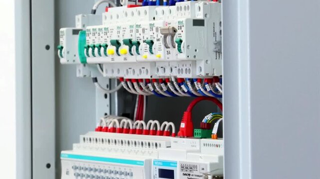 Electrical panel with automation modules controlled via KNX data bus. 