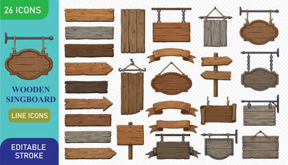 Comprehensive collection of wooden signboards and banners in various styles, including hanging signs, directional signs, and decorative elements, for versatile design applications. © Sumon