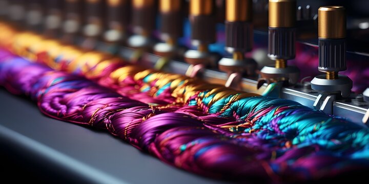 Colorful threads being processed by industrial machine with machinery, knitting