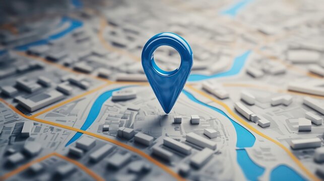 Blue location 3d icon marker or route gps position navigator sign and travel navigation pin road map pointer symbol isolated on white street address background with point direction discovery tracking.