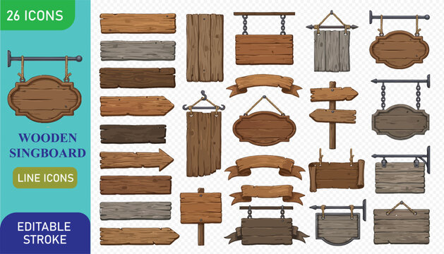 Comprehensive collection of wooden signboards and banners in various styles, including hanging signs, directional signs, and decorative elements, for versatile design applications.
