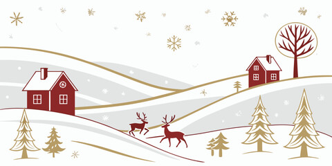 Charming winter landscape with houses reindeer and snow decorated trees © Sadhin07
