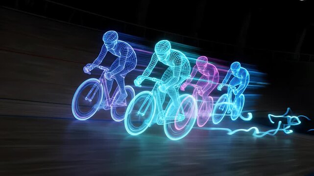 Glowing Wireframe Bicycle Race with Motion Blur - Four futuristic glowing wireframe cyclists on bicycles race with intense motion blur across a dark track.