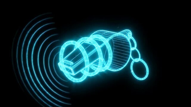 Futuristic Wireframe Mechanical Components - This video showcases a glowing wireframe representation of mechanical components, featuring various circular shapes and a rectangular block.