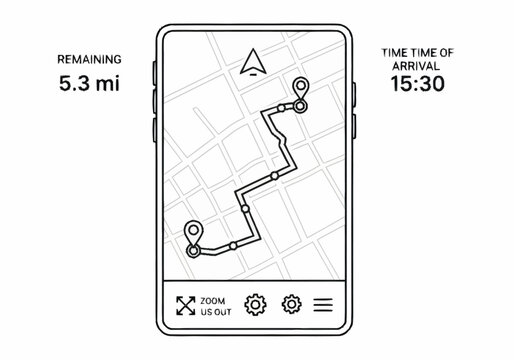 Smartphone displaying a navigation map with a route and estimated arrival time.