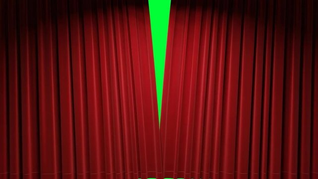 Red Stage Curtains with Green Screen: Dramatic red velvet stage curtains are parted to reveal a vibrant green screen backdrop, ready for any creative scene.