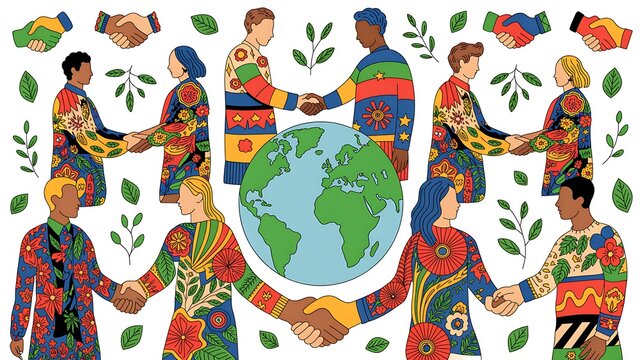 Diverse people shaking hands around the globe, international cooperation and unity concept, vector illustration