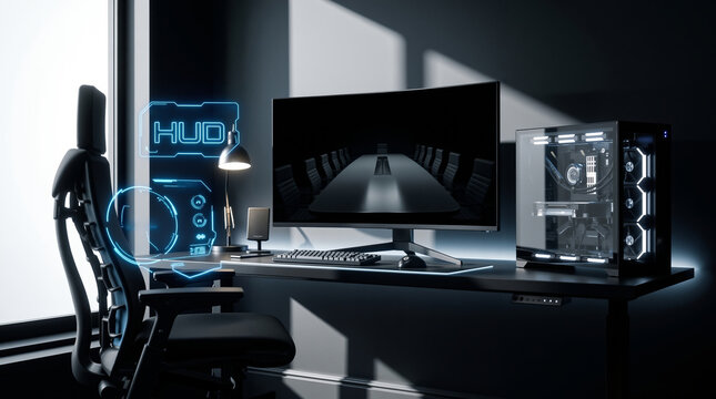 Modern minimalist gaming desk setup with curved monitor and custom glowing computer case