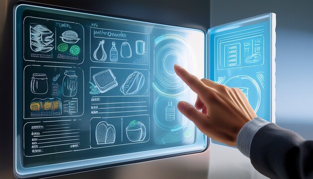 hand interacting with smart refrigerator screen displaying grocery list and meal ideas