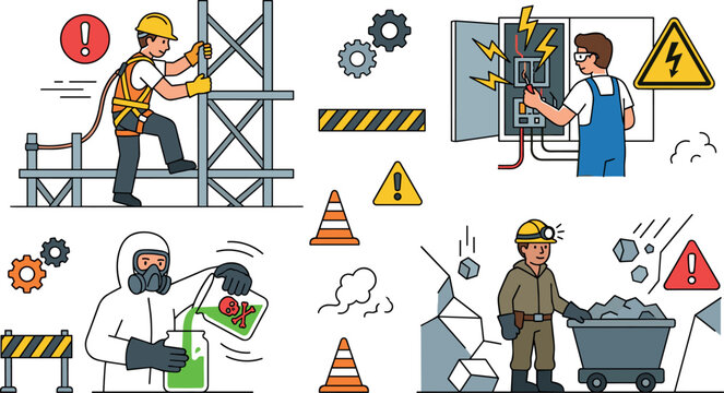 Workplace Hazard Illustration Featuring Safety Risk Scenes in Vector Artwork