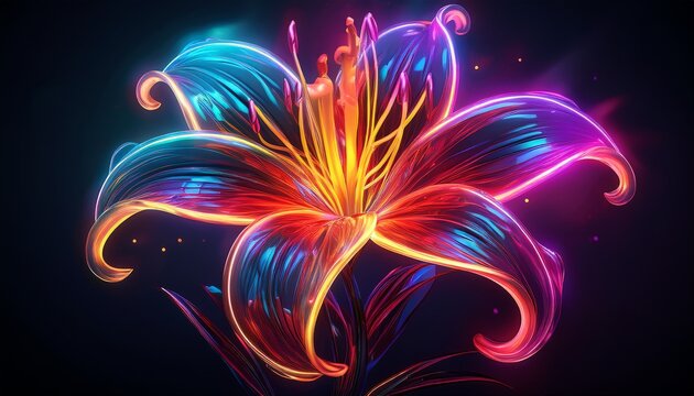vibrant neon lily on dark background ai generative