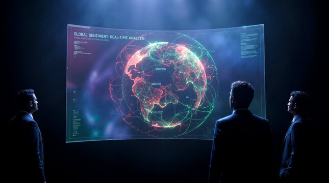 Businessmen analyzing global data and sentiment index on a massive curved holographic display screen in dark room