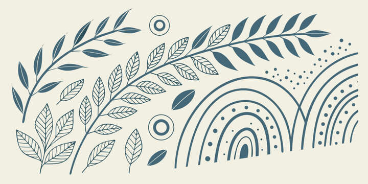 Botanical elements and abstract decorative shapes in a flat design style