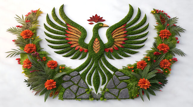 Lush green phoenix topiary with floral laurel and stone base evoking renewal and vitality in vibrant orange and gold tones