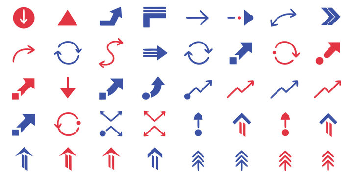 Directional arrow icons and motion symbols in red and blue colors for business charts and diagrams