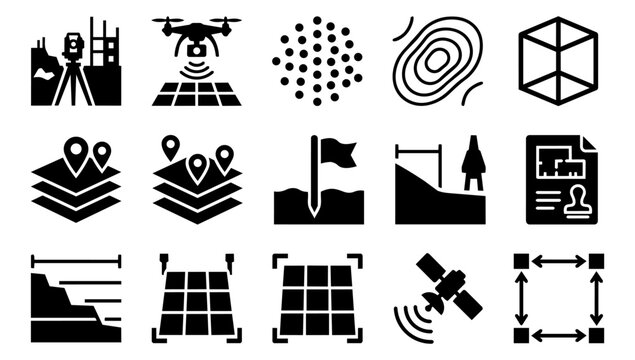 Geodesy Technology and Construction Survey Silhouette Icon Set