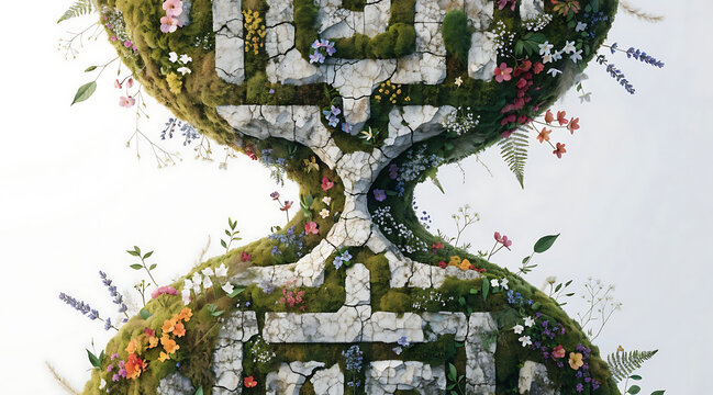 Moss hourglass with cracked stone maze and wildflowers, botanical growth and delicate blossoms evoke serene passage of time