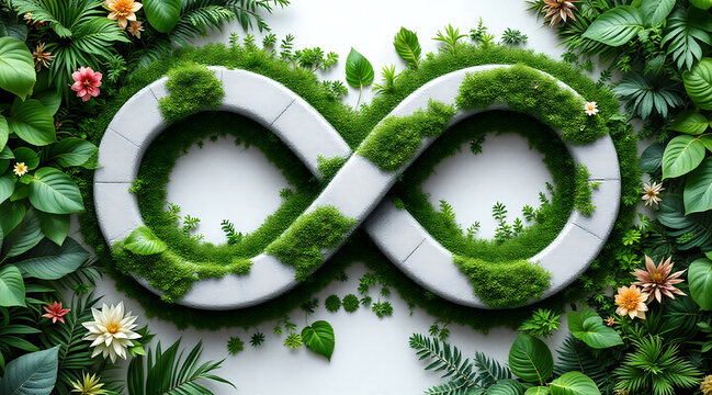 Moss covered stone infinity symbol surrounded by tropical leaves and flowers, serene natural concept blending geometry and lush greenery