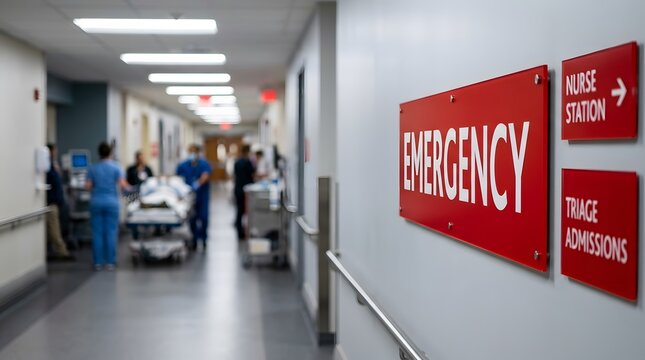 Emergency sign on a hospital hallway wall with medical staff and a stretcher in the background