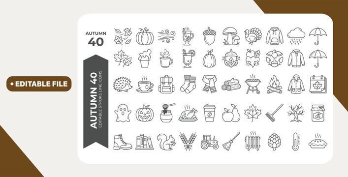 Autumn icon set. Containing season, fall, Halloween, Thanksgiving Day, pumpkin, turkey, falling leaves, mulled wine, maple leaf, rain and more. Editable line icons. Vector illustration.