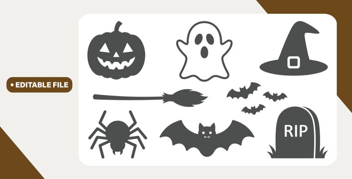 halloween silhouette icons with pumpkin ghost witch hat bats broom spider and tombstone for spooky festive design