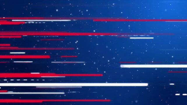 Vibrant, dynamic abstract animation with crimson red and white dashed lines streaking across a navy to sky blue gradient background with twinkling stars. Concept of digital motion and patriotism