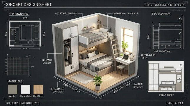 Architectural Concept Design Sheet of a Modern Bedroom with Bunk Beds.