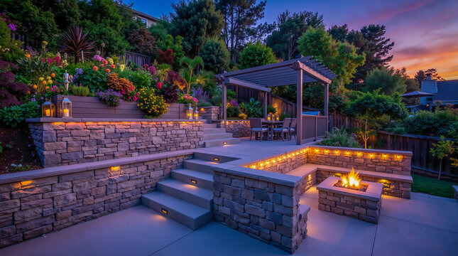 A fire pit sitting on top of a stone patio next to a stone wall