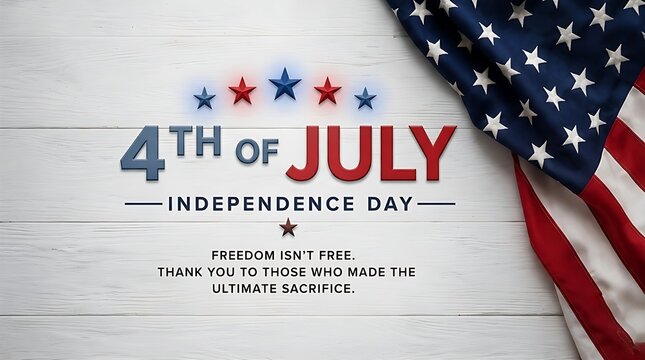 4th of July Independence Day Greeting on White Wood Background with US Flag and Stars