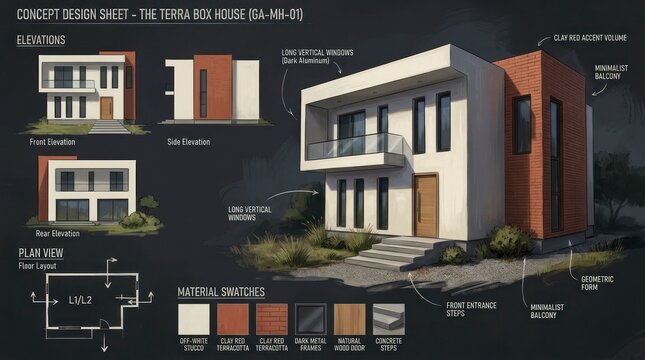 Architectural Concept Design Sheet of Modern Residential House with Details.