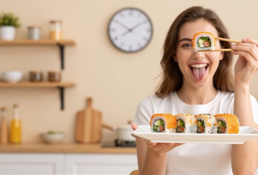 A smiling woman in a kitchen holds up chopsticks with a piece of sushi while presenting a plate of rolls to the camera, with shelves and a clock blurred in the background.