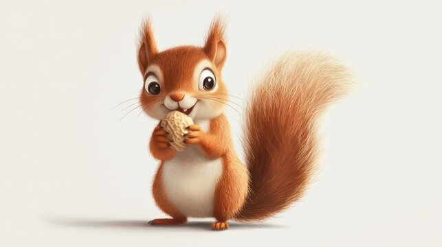 A cute, cartoon-style squirrel with big eyes and a bushy tail holds a nut in its paws and smiles.
