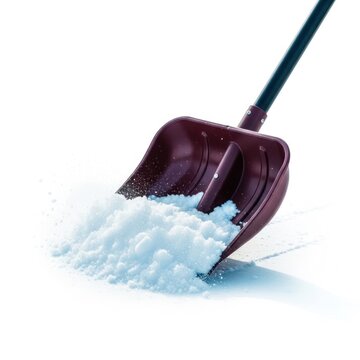 Maroon snow shovel scooping snow