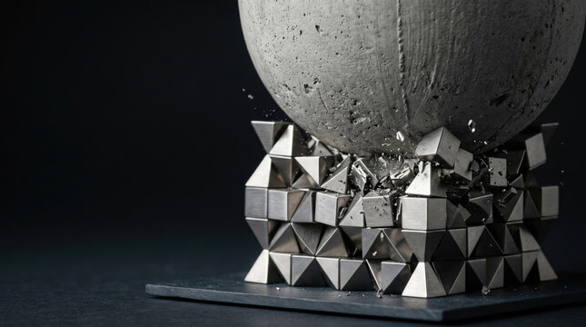 Heavy Concrete Sphere Crushing Metal Geometric Pyramids Under Extreme Pressure
