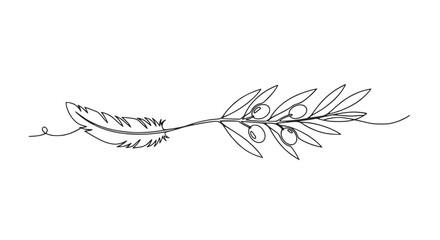 Fototapeta premium Minimalist feather and olive branch continuous line drawing, elegant divider.