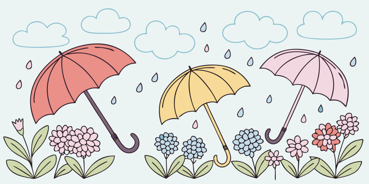 Line art drawing of umbrellas, flowers, and clouds with rain drops, colorful illustration