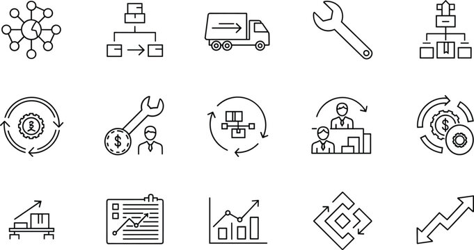 Supply Chain and Logistics Optimization Line Icon Set Featuring Distribution Networks, Delivery Trucks, Process Wrenches, Organizational Charts, and Financial Growth Graphs