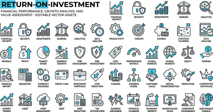 Icons representing financial return on investment illustrate growth, banking, and strategic business analysis through a professional vector graphic collection.