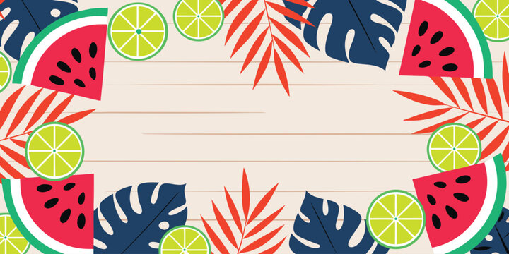 Summer tropical background with watermelon slices lime circles and monstera leaves on wooden table