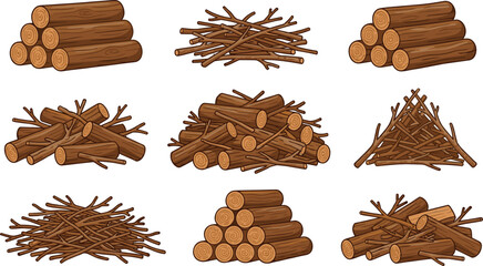 Firewood Pile and Wooden Logs Vector Set with Isolated Stems Bundles Twigs and Branches for Fire Camping and Forestry Graphic Designs © MdSaddam