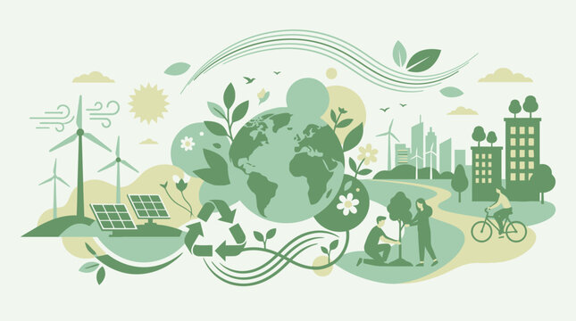 Global sustainability concept illustrating a harmonious future through green energy, recycling, urban greenery, and environmental protection efforts for a healthier planet
