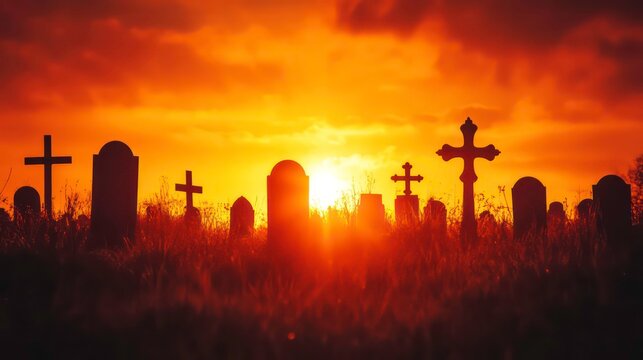A fiery sunset illuminates the silhouette of a graveyard with crosses and tombstones, creating a powerful and somber scene.
